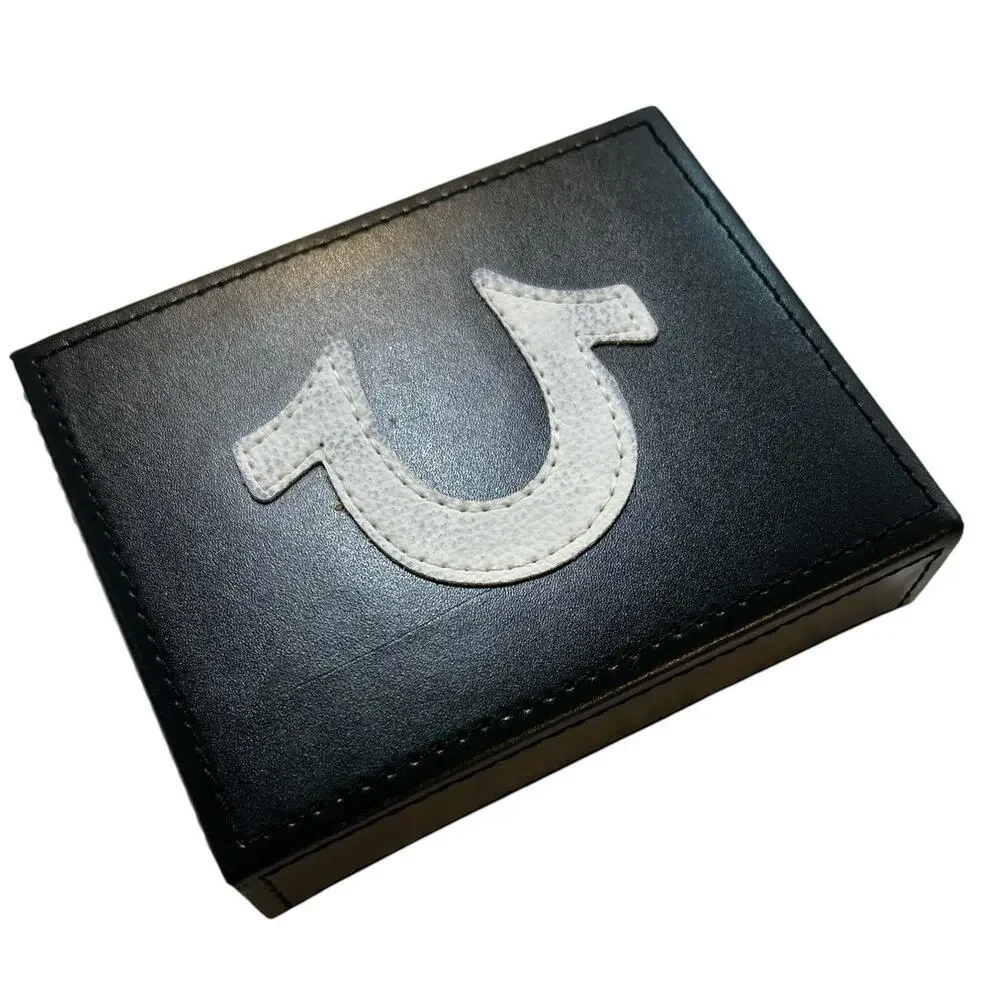 True Religion Mens Genuine Leather Wallet Desk Tray Boxed Gift Set Brown New